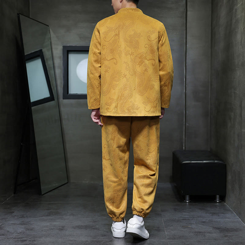 Ensemble veste et pantalon en coton à manches longues et poches, motif dragon printanier et nuages ​​de bambou, avec boutons grenouille, orné de Buddha Stones. - image 11