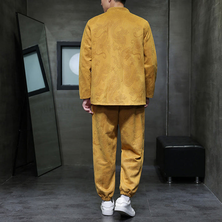 Ensemble veste et pantalon en coton à manches longues et poches, motif dragon printanier et nuages ​​de bambou, avec boutons grenouille, orné de Buddha Stones. - image 11