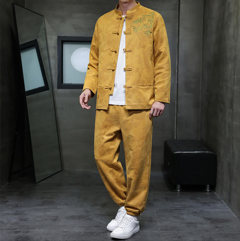 Ensemble veste et pantalon en coton à manches longues et poches, motif dragon printanier et nuages ​​de bambou, avec boutons grenouille, orné de Buddha Stones. - image 9