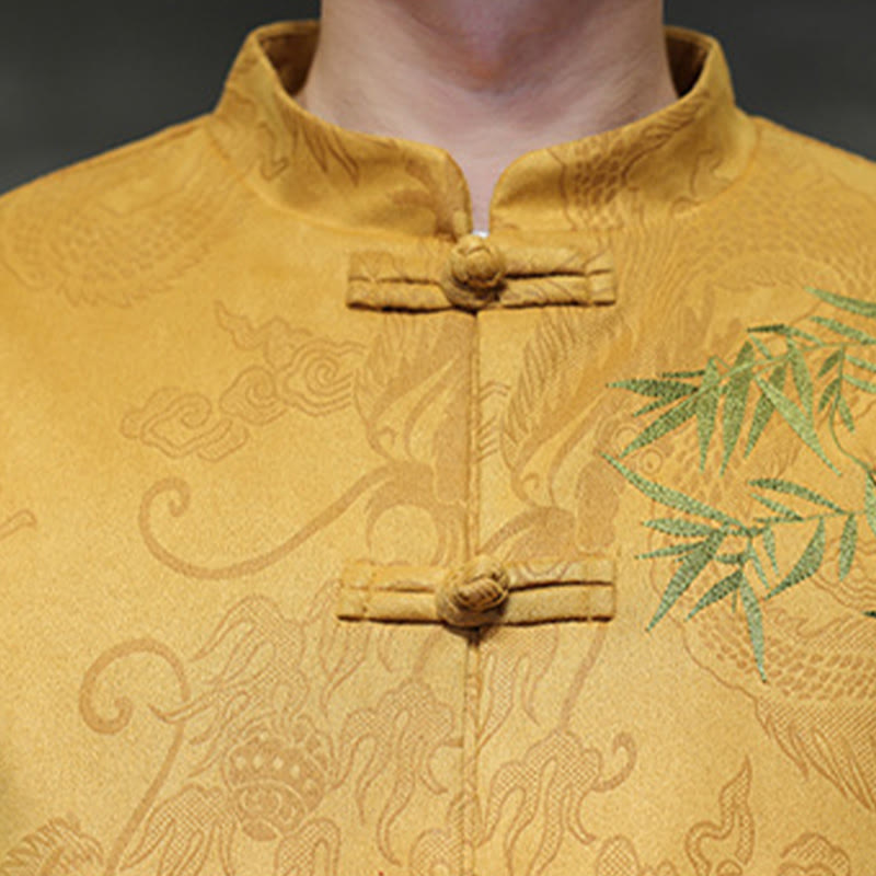 Ensemble veste et pantalon en coton à manches longues et poches, motif dragon printanier et nuages ​​de bambou, avec boutons grenouille, orné de Buddha Stones. - image 18