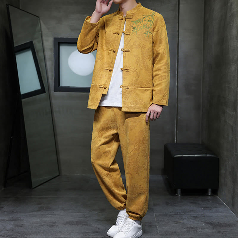 Ensemble veste et pantalon en coton à manches longues et poches, motif dragon printanier et nuages ​​de bambou, avec boutons grenouille, orné de Buddha Stones. - image 14