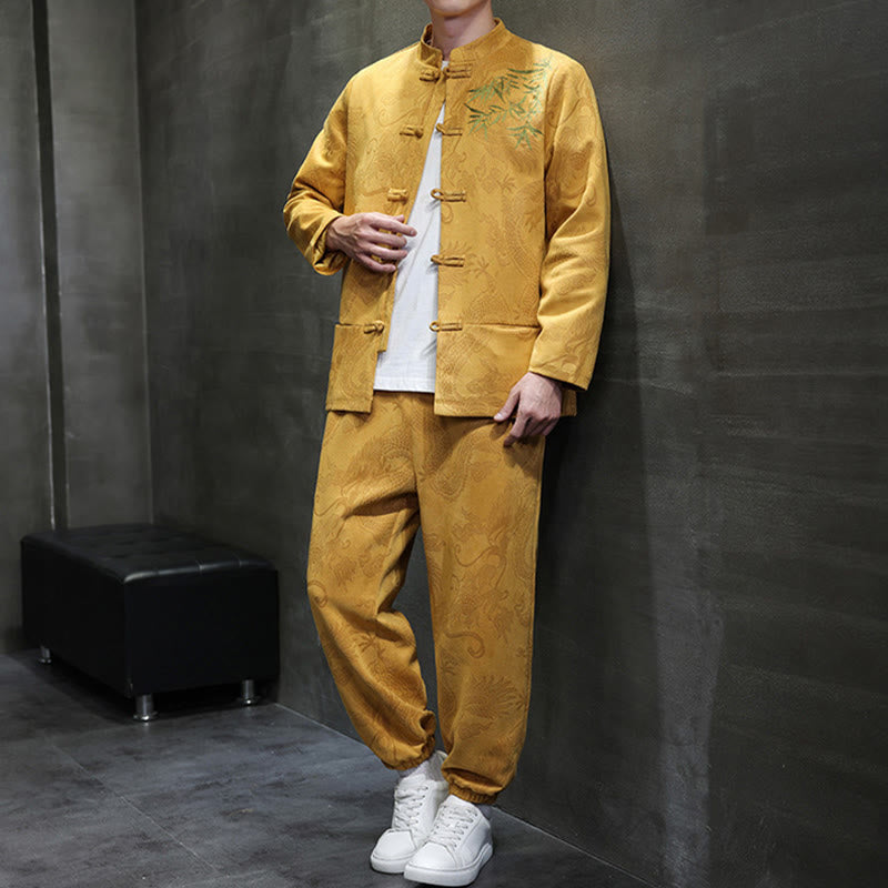 Ensemble veste et pantalon en coton à manches longues et poches, motif dragon printanier et nuages ​​de bambou, avec boutons grenouille, orné de Buddha Stones. - image 13