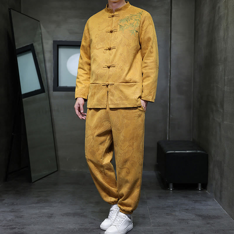 Ensemble veste et pantalon en coton à manches longues et poches, motif dragon printanier et nuages ​​de bambou, avec boutons grenouille, orné de Buddha Stones. - image 10