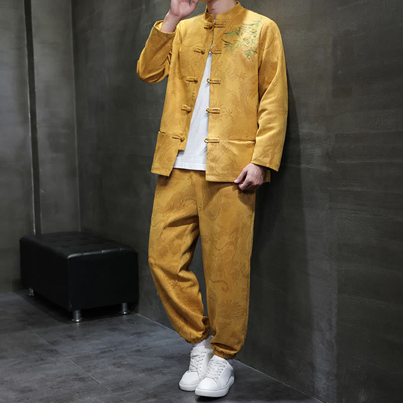 Ensemble veste et pantalon en coton à manches longues et poches, motif dragon printanier et nuages ​​de bambou, avec boutons grenouille, orné de Buddha Stones. - image 16