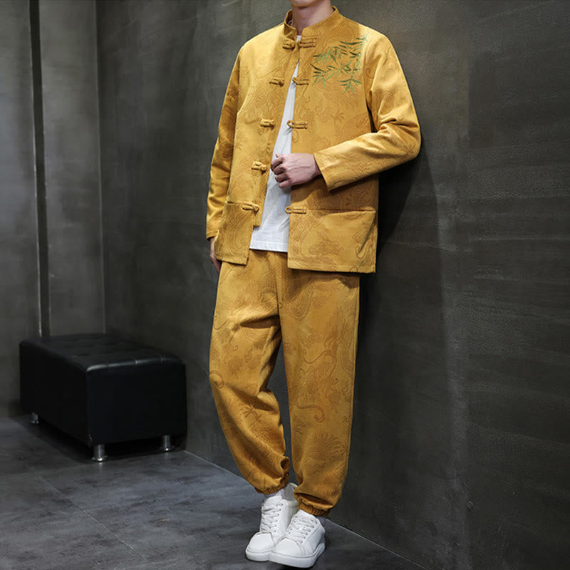 Ensemble veste et pantalon en coton à manches longues et poches, motif dragon printanier et nuages ​​de bambou, avec boutons grenouille, orné de Buddha Stones. - image 12