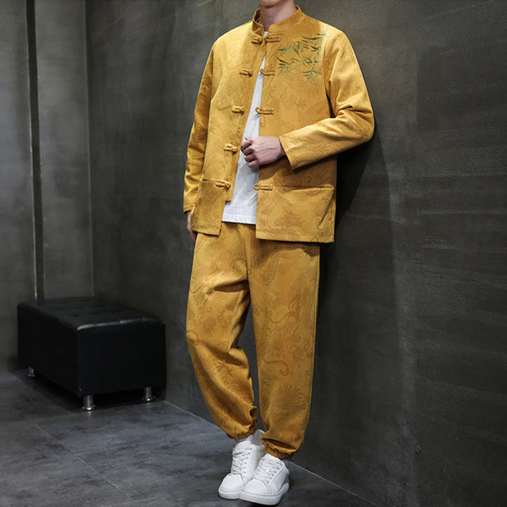 Ensemble veste et pantalon en coton à manches longues et poches, motif dragon printanier et nuages ​​de bambou, avec boutons grenouille, orné de Buddha Stones. - image 12
