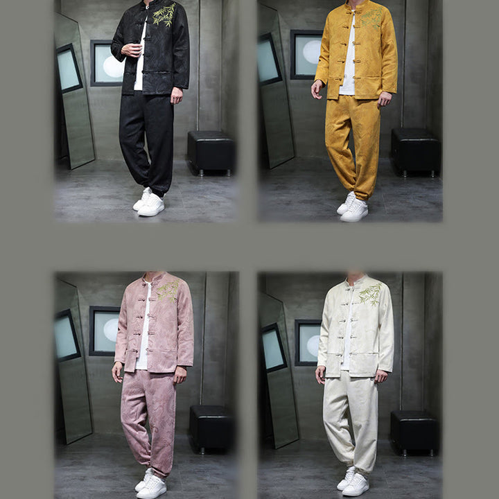 Ensemble veste et pantalon en coton à manches longues et poches, motif dragon printanier et nuages ​​de bambou, avec boutons grenouille, orné de Buddha Stones. - image 39