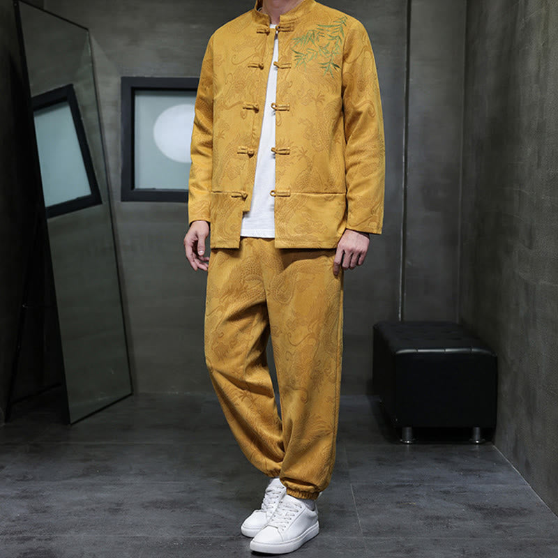 Ensemble veste et pantalon en coton à manches longues et poches, motif dragon printanier et nuages ​​de bambou, avec boutons grenouille, orné de Buddha Stones. - image 15