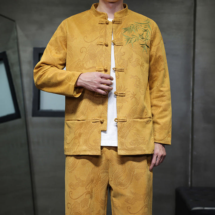 Ensemble veste et pantalon en coton à manches longues et poches, motif dragon printanier et nuages ​​de bambou, avec boutons grenouille, orné de Buddha Stones. - image 17