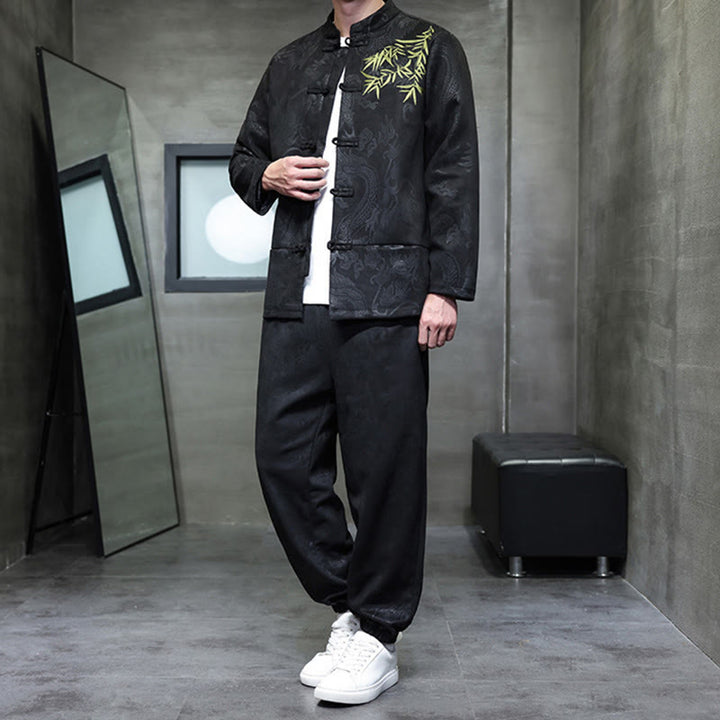 Ensemble veste et pantalon en coton à manches longues et poches, motif dragon printanier et nuages ​​de bambou, avec boutons grenouille, orné de Buddha Stones. - image 28