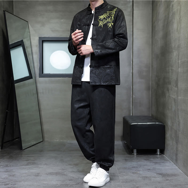 Ensemble veste et pantalon en coton à manches longues et poches, motif dragon printanier et nuages ​​de bambou, avec boutons grenouille, orné de Buddha Stones. - image 27