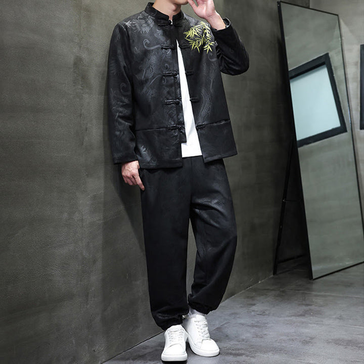 Ensemble veste et pantalon en coton à manches longues et poches, motif dragon printanier et nuages ​​de bambou, avec boutons grenouille, orné de Buddha Stones. - image 22