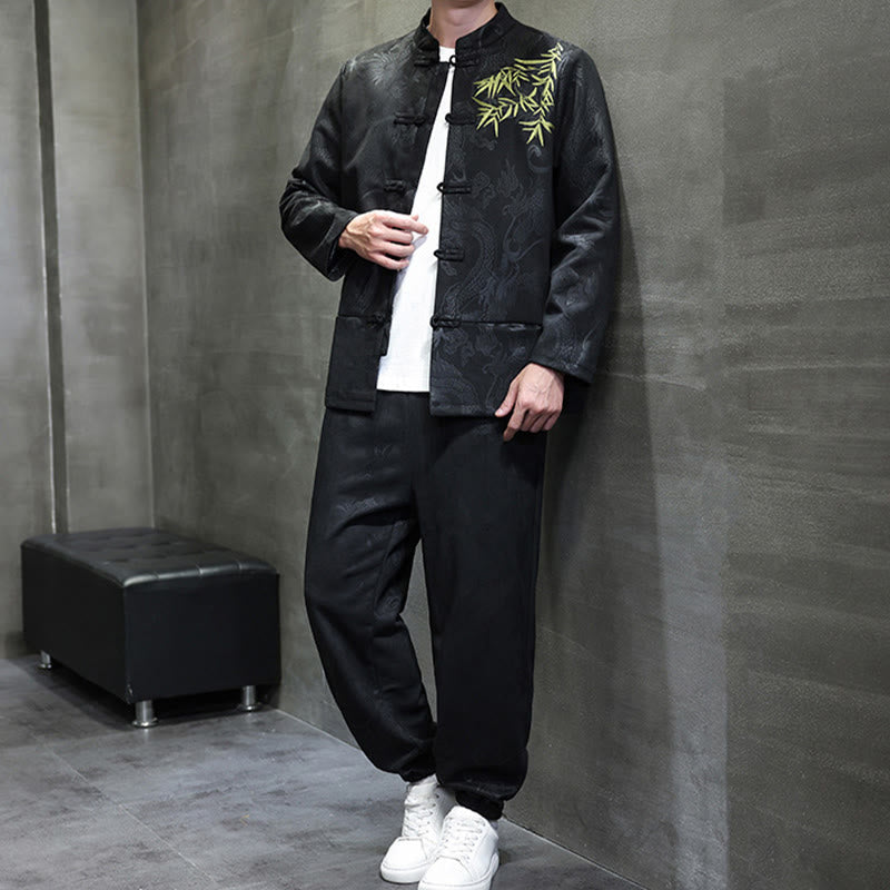 Ensemble veste et pantalon en coton à manches longues et poches, motif dragon printanier et nuages ​​de bambou, avec boutons grenouille, orné de Buddha Stones. - image 25