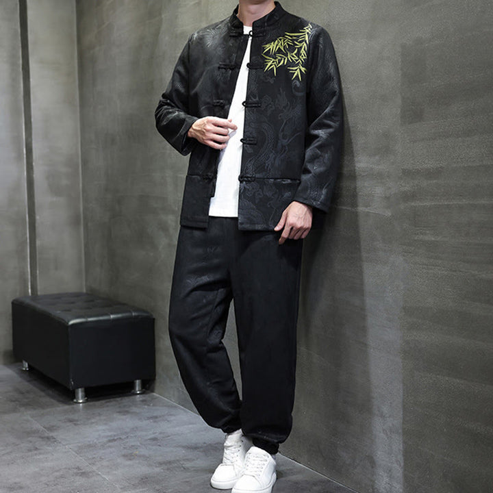 Ensemble veste et pantalon en coton à manches longues et poches, motif dragon printanier et nuages ​​de bambou, avec boutons grenouille, orné de Buddha Stones. - image 25