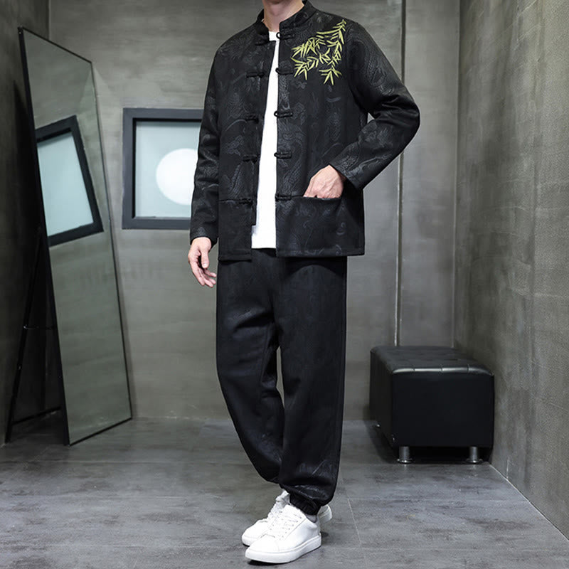 Ensemble veste et pantalon en coton à manches longues et poches, motif dragon printanier et nuages ​​de bambou, avec boutons grenouille, orné de Buddha Stones. - image 23