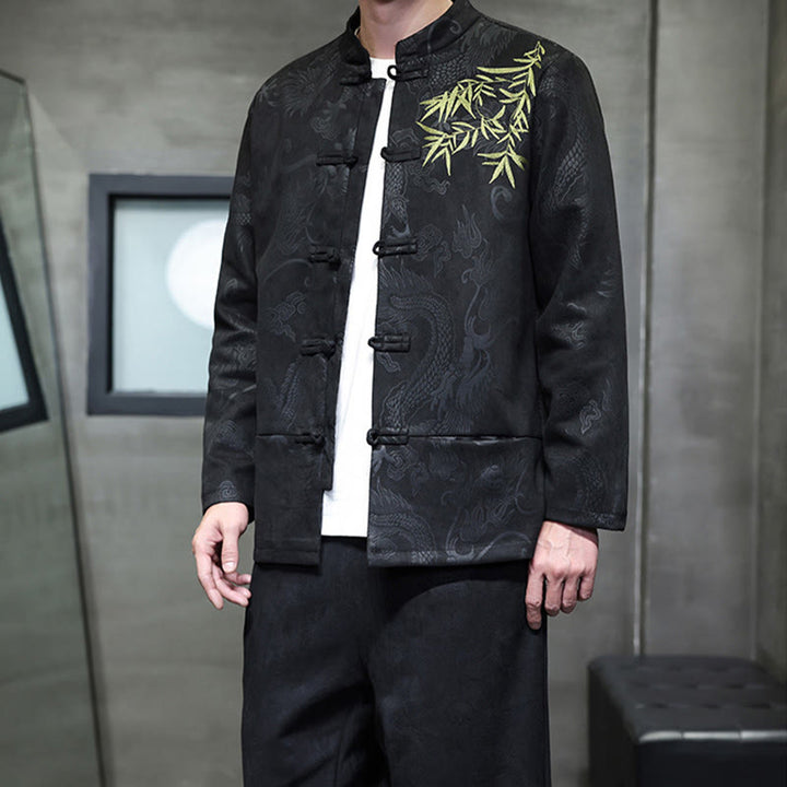 Ensemble veste et pantalon en coton à manches longues et poches, motif dragon printanier et nuages ​​de bambou, avec boutons grenouille, orné de Buddha Stones. - image 29