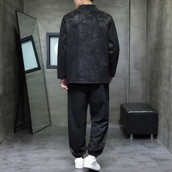 Ensemble veste et pantalon en coton à manches longues et poches, motif dragon printanier et nuages ​​de bambou, avec boutons grenouille, orné de Buddha Stones. - image 24