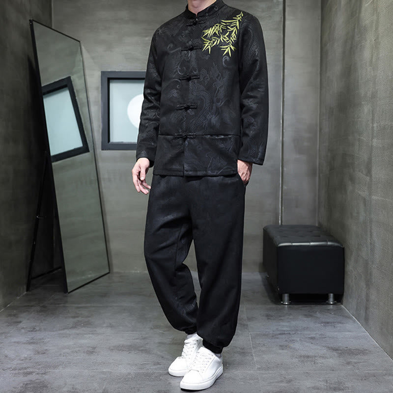 Ensemble veste et pantalon en coton à manches longues et poches, motif dragon printanier et nuages ​​de bambou, avec boutons grenouille, orné de Buddha Stones. - image 26