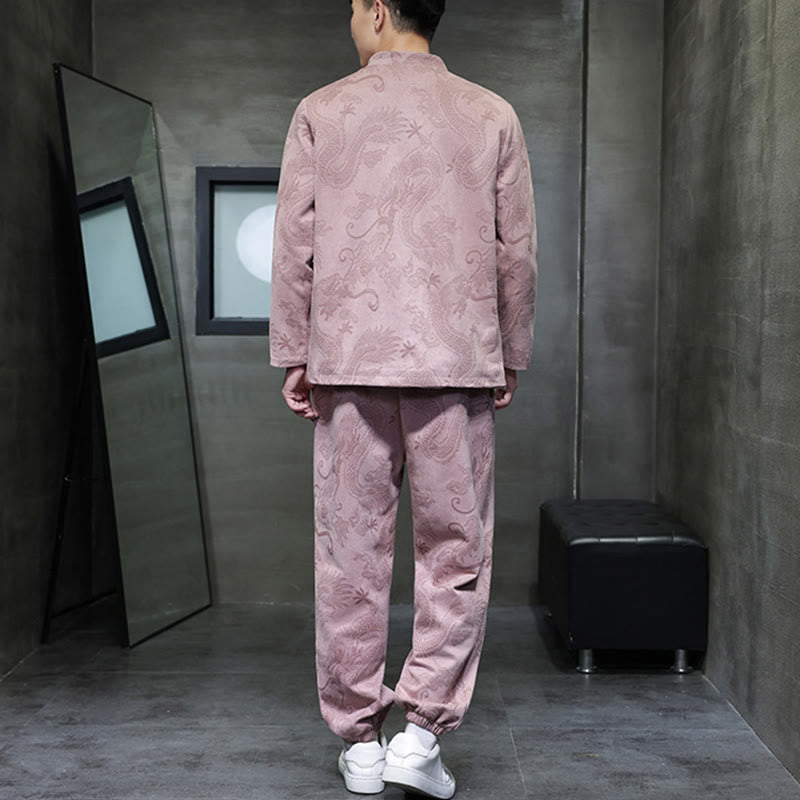 Ensemble veste et pantalon en coton à manches longues et poches, motif dragon printanier et nuages ​​de bambou, avec boutons grenouille, orné de Buddha Stones. - image 33