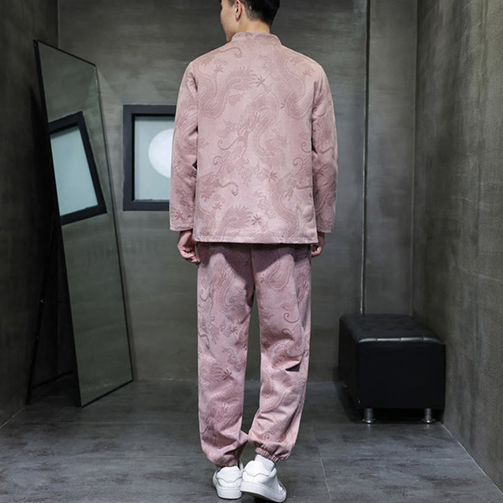 Ensemble veste et pantalon en coton à manches longues et poches, motif dragon printanier et nuages ​​de bambou, avec boutons grenouille, orné de Buddha Stones. - image 33