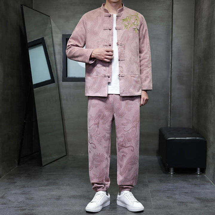 Ensemble veste et pantalon en coton à manches longues et poches, motif dragon printanier et nuages ​​de bambou, avec boutons grenouille, orné de Buddha Stones. - image 34