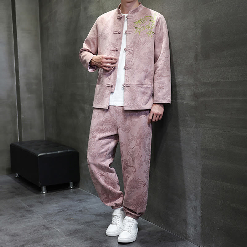 Ensemble veste et pantalon en coton à manches longues et poches, motif dragon printanier et nuages ​​de bambou, avec boutons grenouille, orné de Buddha Stones. - image 35