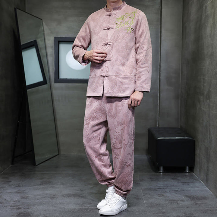Ensemble veste et pantalon en coton à manches longues et poches, motif dragon printanier et nuages ​​de bambou, avec boutons grenouille, orné de Buddha Stones. - image 37