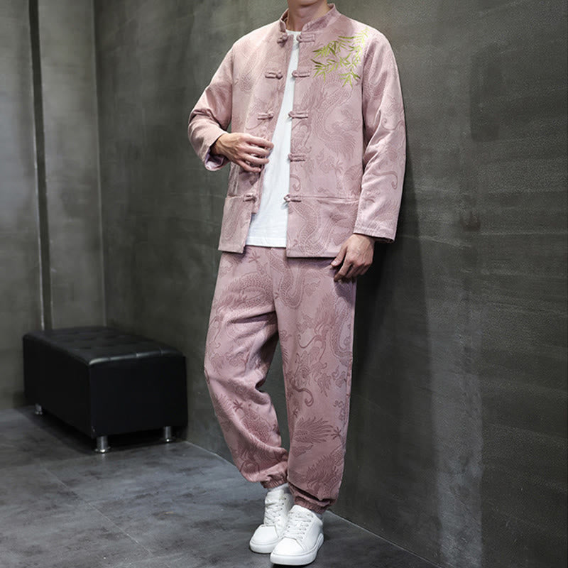 Ensemble veste et pantalon en coton à manches longues et poches, motif dragon printanier et nuages ​​de bambou, avec boutons grenouille, orné de Buddha Stones. - image 32