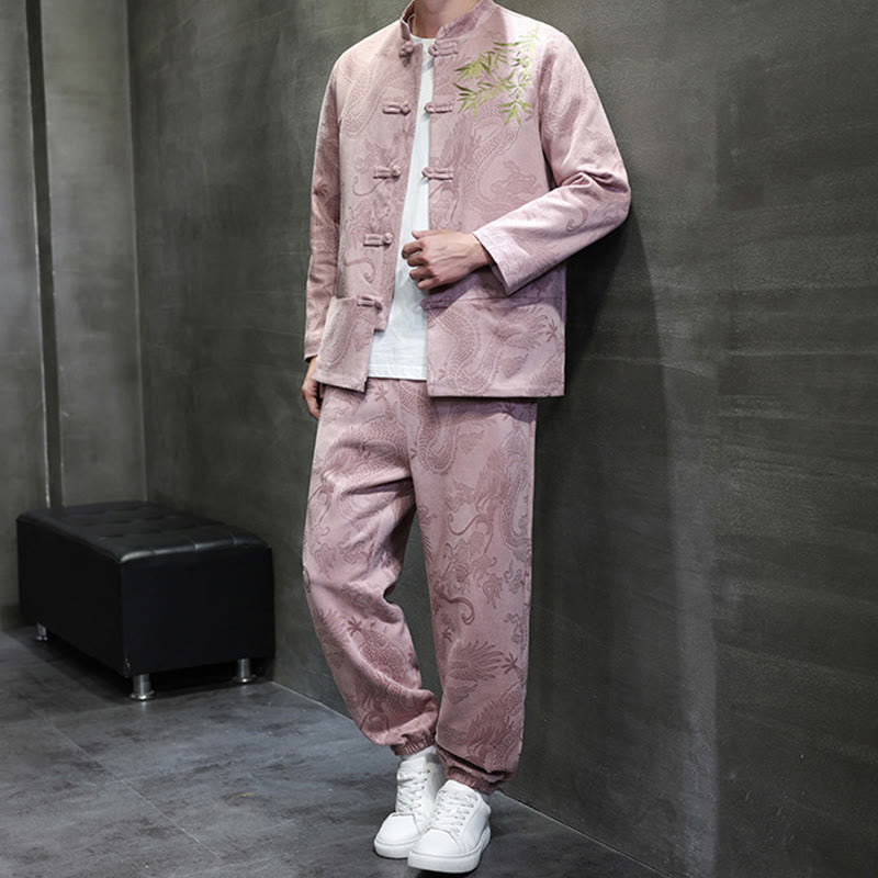 Ensemble veste et pantalon en coton à manches longues et poches, motif dragon printanier et nuages ​​de bambou, avec boutons grenouille, orné de Buddha Stones. - image 36