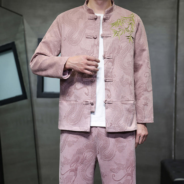 Ensemble veste et pantalon en coton à manches longues et poches, motif dragon printanier et nuages ​​de bambou, avec boutons grenouille, orné de Buddha Stones. - image 38