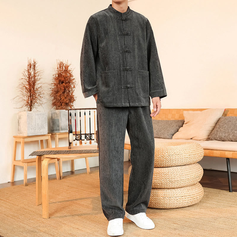 Ensemble veste et pantalon en velours côtelé de coton épais à manches longues et poches, motif Buddha Stones, 2 pièces, hiver. - Gris - US/UK/AU46，EU56 (5XL) - image 8