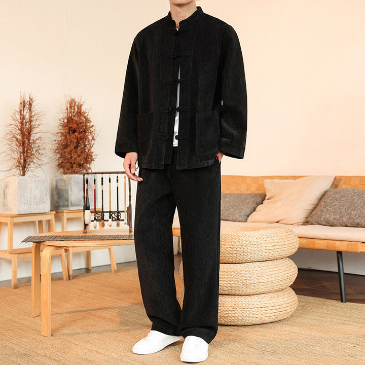 Ensemble veste et pantalon en velours côtelé de coton épais à manches longues et poches, motif Buddha Stones, 2 pièces, hiver. - Noir - US/UK/AU46，EU56 (5XL) - image 22