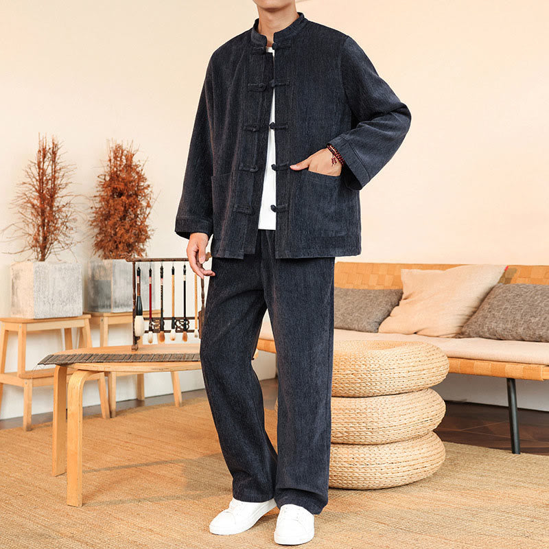 Ensemble veste et pantalon en velours côtelé de coton épais à manches longues et poches, motif Buddha Stones, 2 pièces, hiver. - image 1