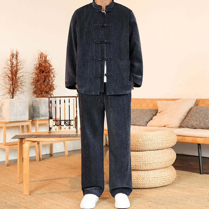 Ensemble veste et pantalon en velours côtelé de coton épais à manches longues et poches, motif Buddha Stones, 2 pièces, hiver. - Gris ardoise - US/UK/AU46，EU56 (5XL) - image 0