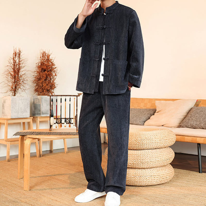 Ensemble veste et pantalon en velours côtelé de coton épais à manches longues et poches, motif Buddha Stones, 2 pièces, hiver. - image 3