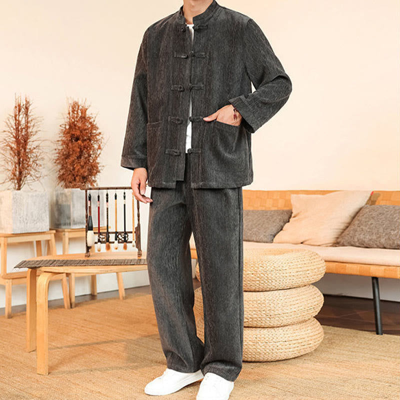 Ensemble veste et pantalon en velours côtelé de coton épais à manches longues et poches, motif Buddha Stones, 2 pièces, hiver. - image 9