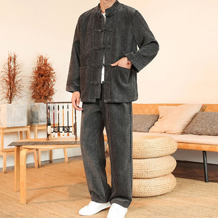 Ensemble veste et pantalon en velours côtelé de coton épais à manches longues et poches, motif Buddha Stones, 2 pièces, hiver. - image 9