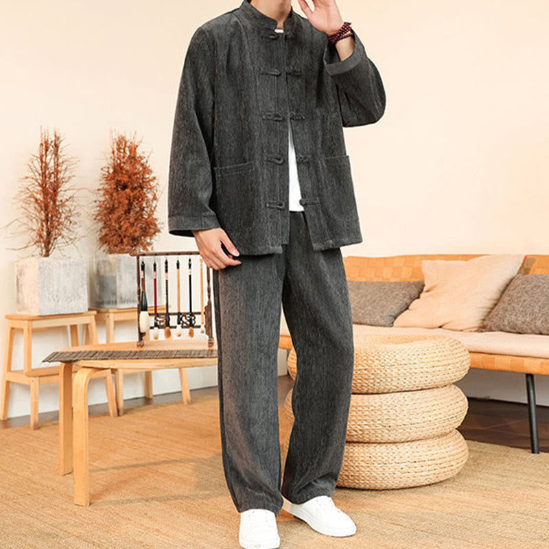 Ensemble veste et pantalon en velours côtelé de coton épais à manches longues et poches, motif Buddha Stones, 2 pièces, hiver. - image 15