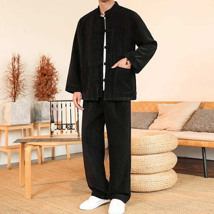 Ensemble veste et pantalon en velours côtelé de coton épais à manches longues et poches, motif Buddha Stones, 2 pièces, hiver. - image 28