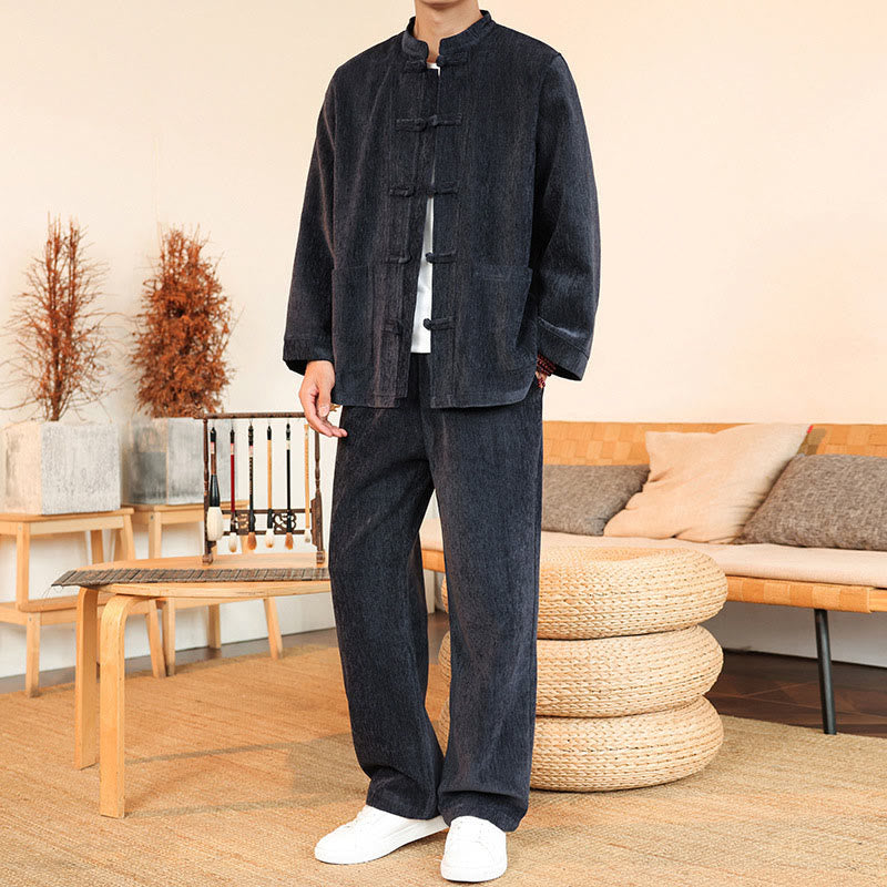 Ensemble veste et pantalon en velours côtelé de coton épais à manches longues et poches, motif Buddha Stones, 2 pièces, hiver. - image 4