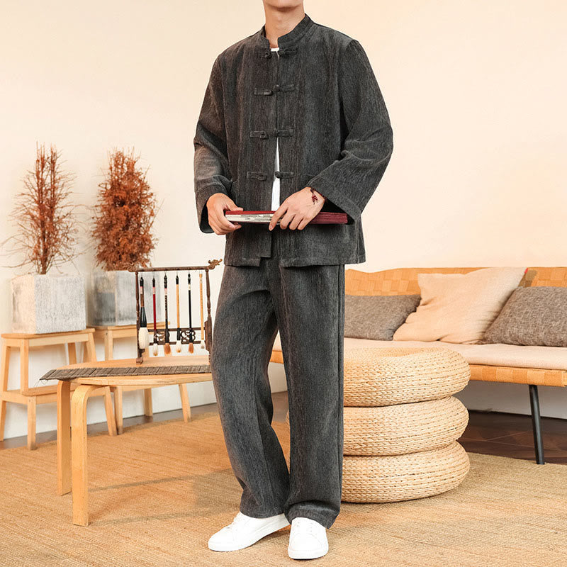 Ensemble veste et pantalon en velours côtelé de coton épais à manches longues et poches, motif Buddha Stones, 2 pièces, hiver. - image 10