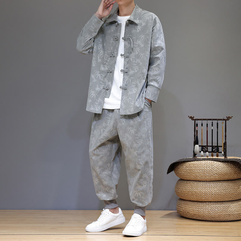Ensemble veste et pantalon en velours côtelé de coton épais en bambou, manches longues, poches, avec boutons brandebourg, motif Buddha Stones (2 pièces). - Gris clair - US/UK/AU46，EU56 (5XL) - image 8