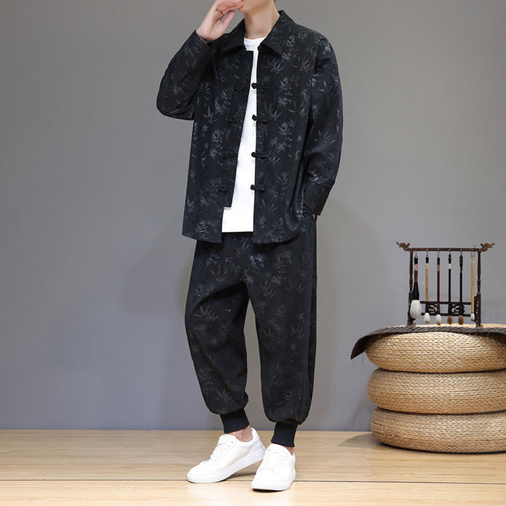 Ensemble veste et pantalon en velours côtelé de coton épais en bambou, manches longues, poches, avec boutons brandebourg, motif Buddha Stones (2 pièces). - Noir - US/UK/AU46，EU56 (5XL) - image 22
