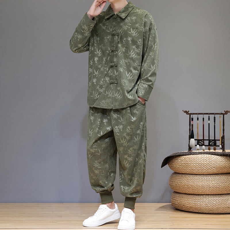 Ensemble veste et pantalon en velours côtelé de coton épais en bambou, manches longues, poches, avec boutons brandebourg, motif Buddha Stones (2 pièces). - image 4