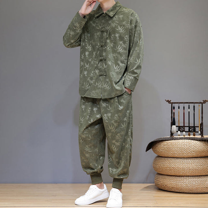 Ensemble veste et pantalon en velours côtelé de coton épais en bambou, manches longues, poches, avec boutons brandebourg, motif Buddha Stones (2 pièces). - image 4