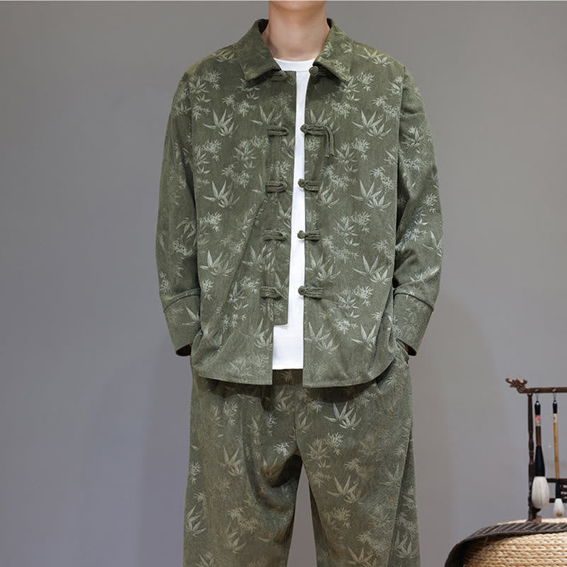 Ensemble veste et pantalon en velours côtelé de coton épais en bambou, manches longues, poches, avec boutons brandebourg, motif Buddha Stones (2 pièces). - image 7