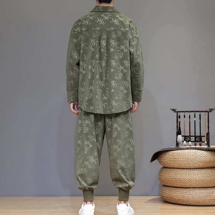 Ensemble veste et pantalon en velours côtelé de coton épais en bambou, manches longues, poches, avec boutons brandebourg, motif Buddha Stones (2 pièces). - image 3