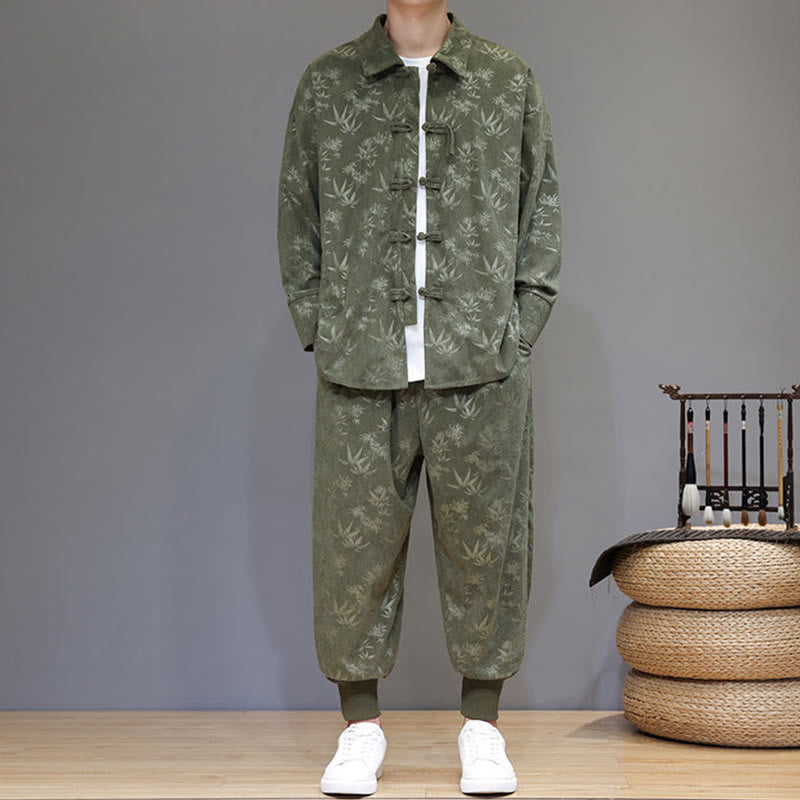 Ensemble veste et pantalon en velours côtelé de coton épais en bambou, manches longues, poches, avec boutons brandebourg, motif Buddha Stones (2 pièces). - image 1