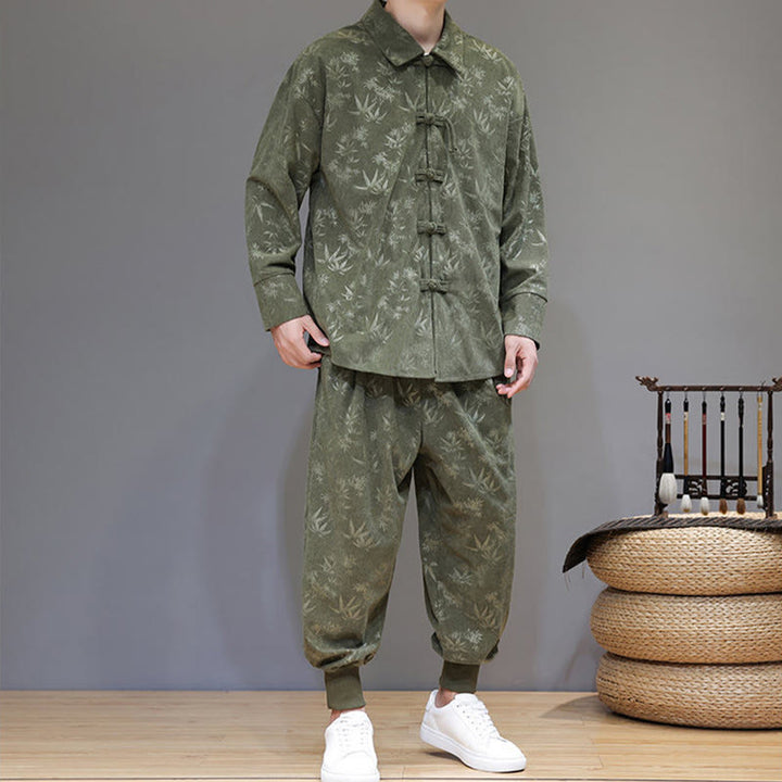 Ensemble veste et pantalon en velours côtelé de coton épais en bambou, manches longues, poches, avec boutons brandebourg, motif Buddha Stones (2 pièces). - image 5