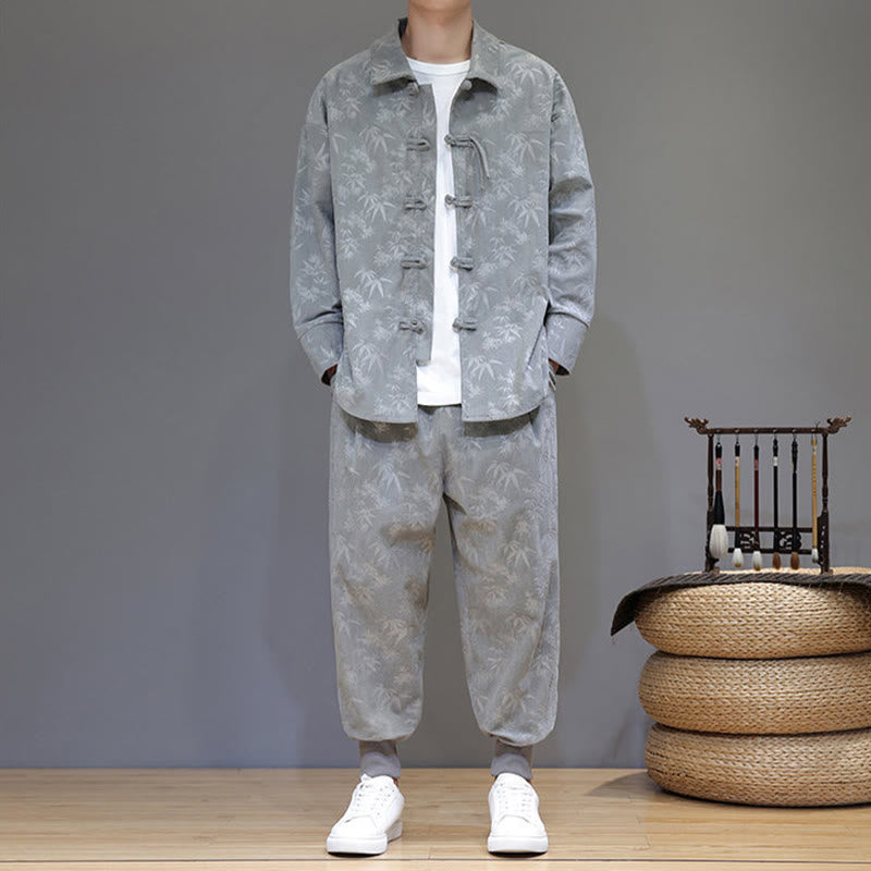 Ensemble veste et pantalon en velours côtelé de coton épais en bambou, manches longues, poches, avec boutons brandebourg, motif Buddha Stones (2 pièces). - image 9